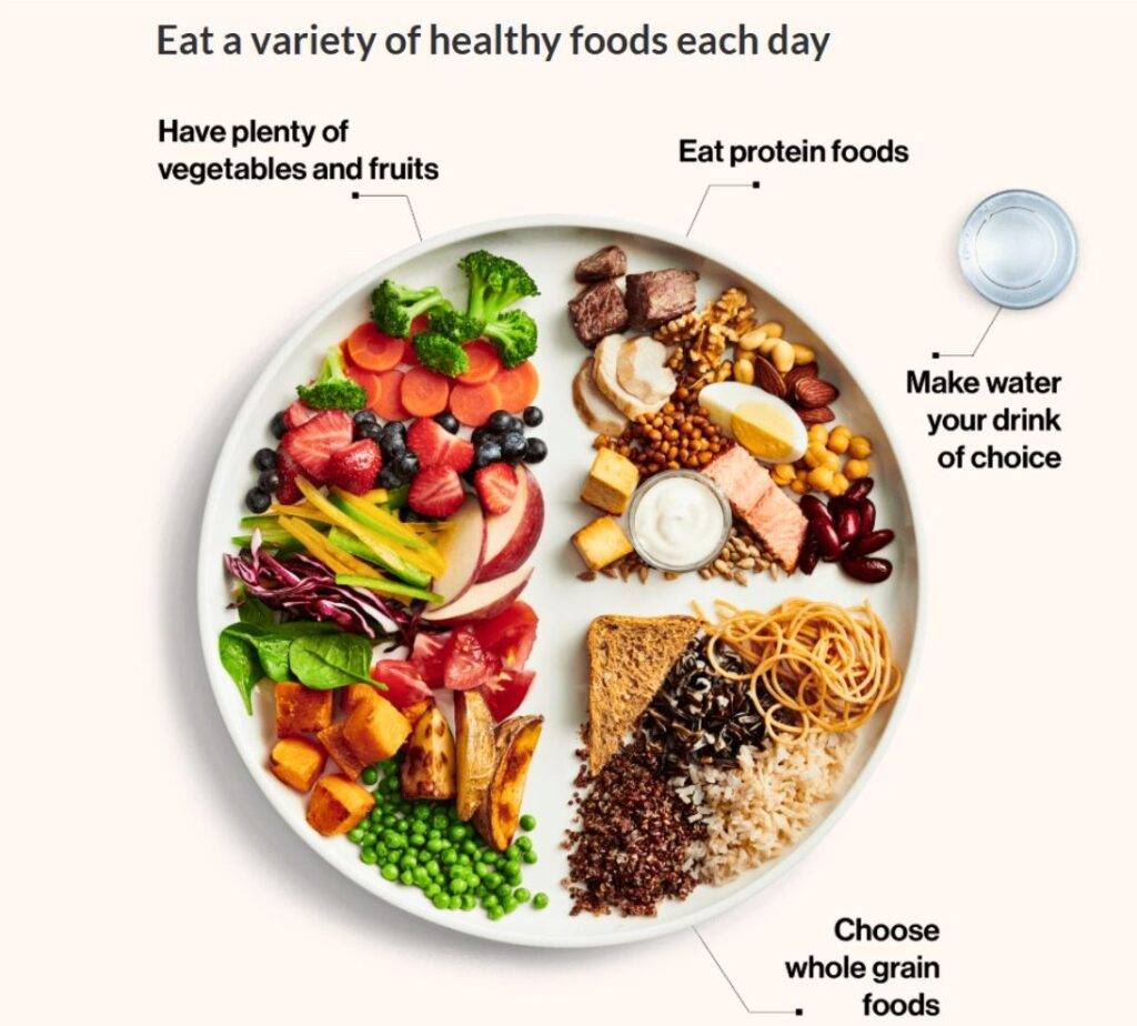 Canada's Food Guide plate model showing balanced portions of vegetables, fruits, proteins and whole grains
